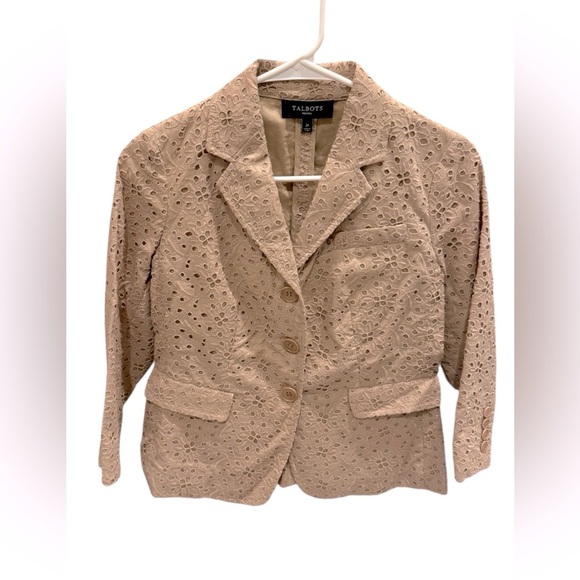 Talbots Tan Floral Eyelet Jacket Blazer 3/4 Unlined Romantic Boho Women’s Size 2 - Picture 1 of 3